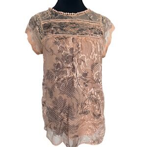 Daniel‎ Rainn Peach Lace Trimmed Floral Sheer Blouse Top Womens S Boho Fairy